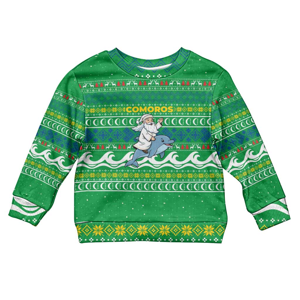 Comoros Christmas Kid Ugly Christmas Sweater Santa Riding Dolphin Ocean Waves Crescent Moon - African Pride