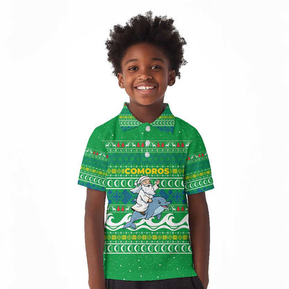 Comoros Christmas Kid Polo Shirt Santa Riding Dolphin Ocean Waves Crescent Moon - African Pride