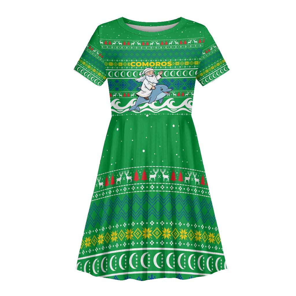 Comoros Christmas Kid Short Sleeve Dress Santa Riding Dolphin Ocean Waves Crescent Moon - African Pride