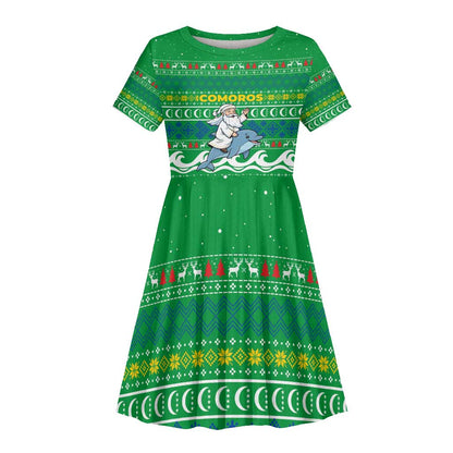 Comoros Christmas Kid Short Sleeve Dress Santa Riding Dolphin Ocean Waves Crescent Moon - African Pride
