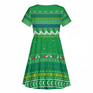 Comoros Christmas Kid Short Sleeve Dress Santa Riding Dolphin Ocean Waves Crescent Moon - African Pride