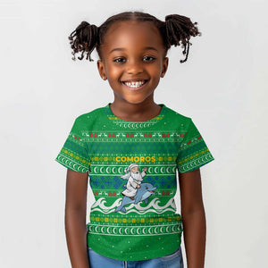 Comoros Christmas Kid T shirt Santa Riding Dolphin Ocean Waves Crescent Moon - African Pride