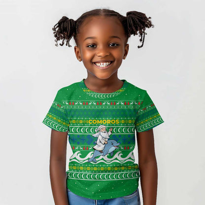Comoros Christmas Kid T shirt Santa Riding Dolphin Ocean Waves Crescent Moon - African Pride