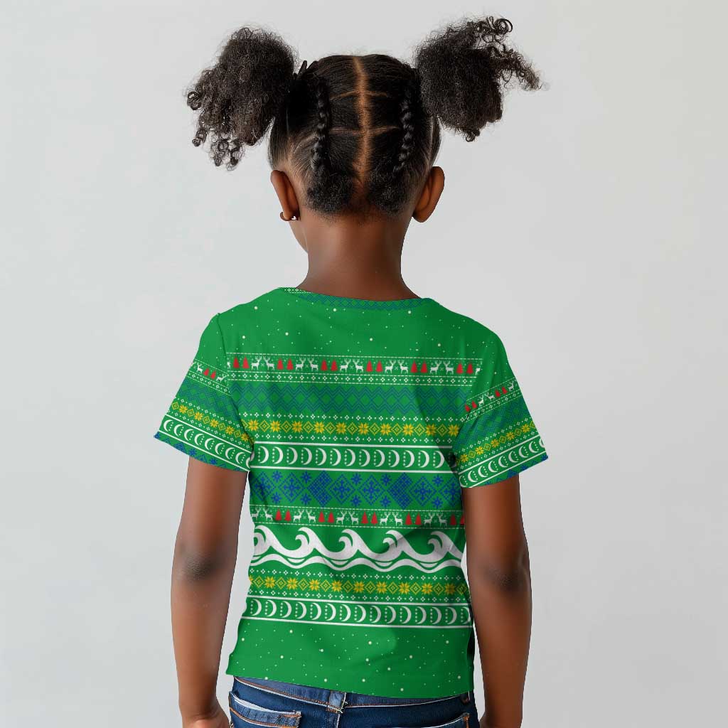 Comoros Christmas Kid T shirt Santa Riding Dolphin Ocean Waves Crescent Moon - African Pride