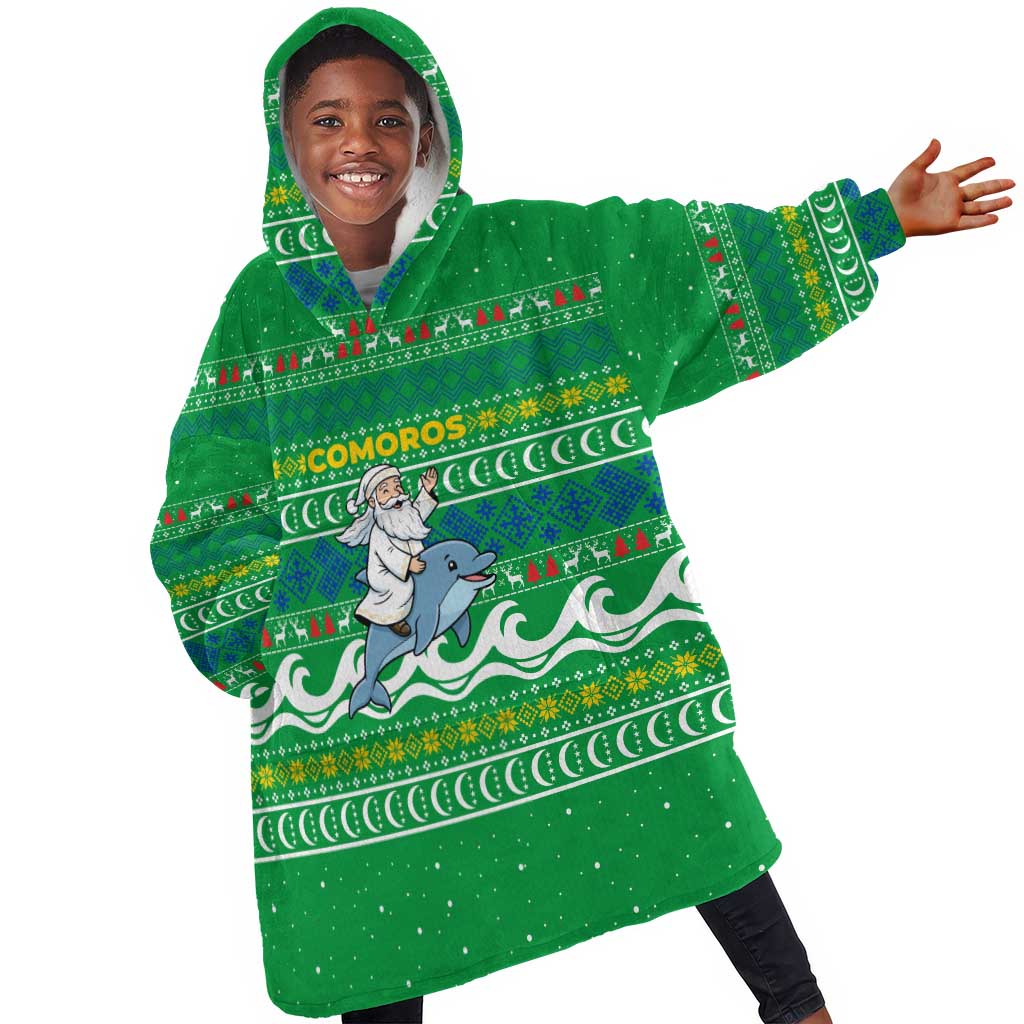 Comoros Christmas Kid Wearable Blanket Hoodie Santa Riding Dolphin Ocean Waves Crescent Moon - African Pride