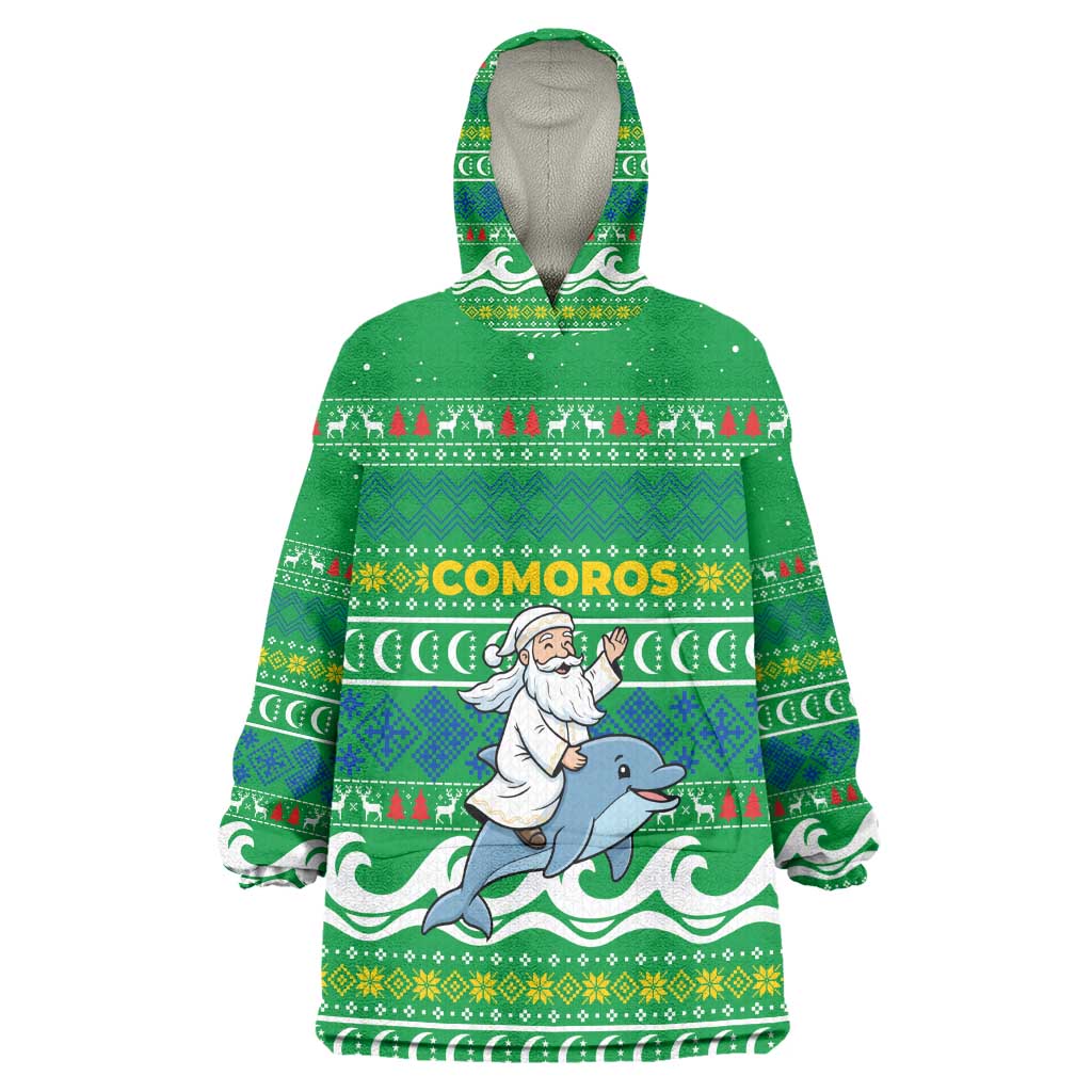 Comoros Christmas Kid Wearable Blanket Hoodie Santa Riding Dolphin Ocean Waves Crescent Moon - African Pride