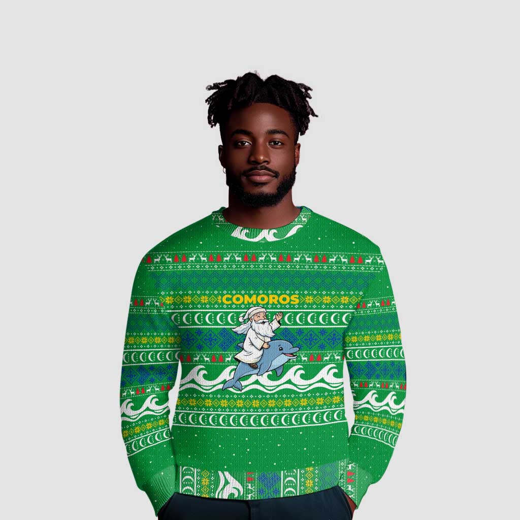 Comoros Christmas Ugly Christmas Sweater Santa Riding Dolphin Ocean Waves Crescent Moon - African Pride