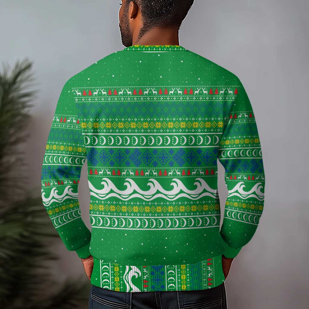 Comoros Christmas Ugly Christmas Sweater Santa Riding Dolphin Ocean Waves Crescent Moon - African Pride