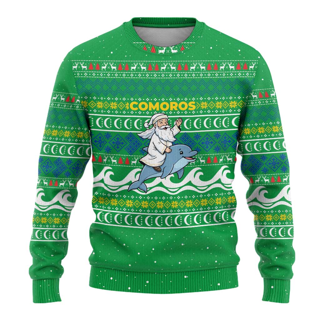 Comoros Christmas Ugly Christmas Sweater Santa Riding Dolphin Ocean Waves Crescent Moon - African Pride