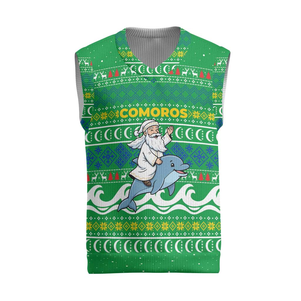Comoros Christmas Knitted V-Neck Vest Santa Riding Dolphin Ocean Waves Crescent Moon - African Pride