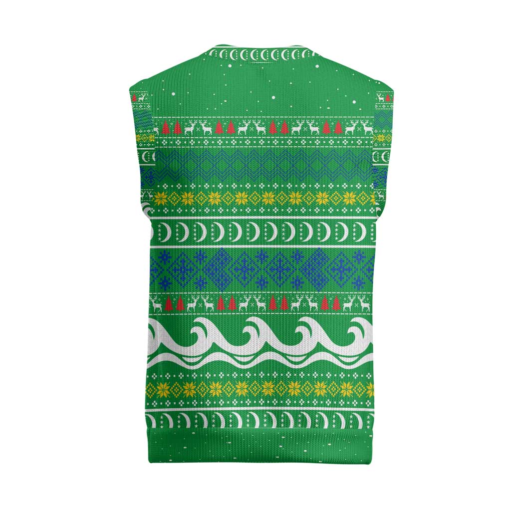 Comoros Christmas Knitted V-Neck Vest Santa Riding Dolphin Ocean Waves Crescent Moon - African Pride