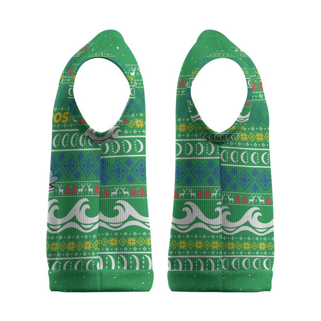 Comoros Christmas Knitted V-Neck Vest Santa Riding Dolphin Ocean Waves Crescent Moon - African Pride