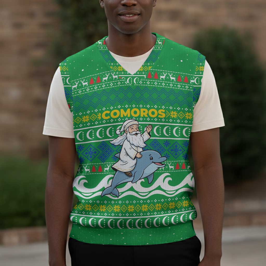 Comoros Christmas Knitted V-Neck Vest Santa Riding Dolphin Ocean Waves Crescent Moon - African Pride