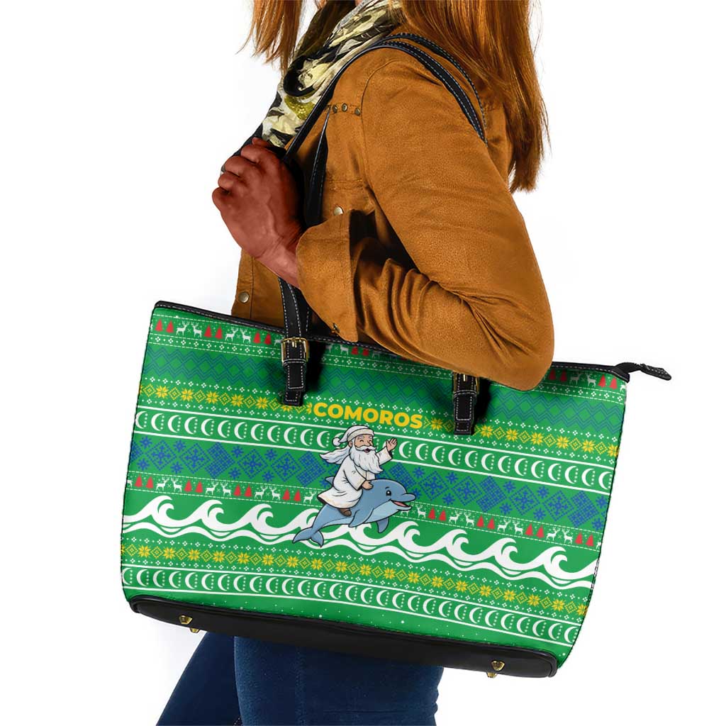 Comoros Christmas Leather Tote Bag Santa Riding Dolphin Ocean Waves Crescent Moon - African Pride