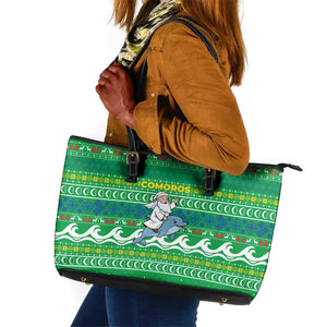 Comoros Christmas Leather Tote Bag Santa Riding Dolphin Ocean Waves Crescent Moon - African Pride