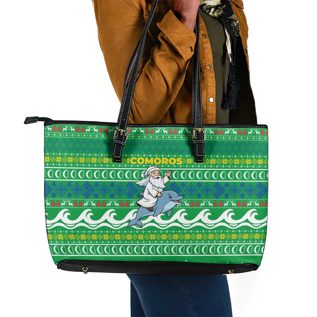 Comoros Christmas Leather Tote Bag Santa Riding Dolphin Ocean Waves Crescent Moon - African Pride