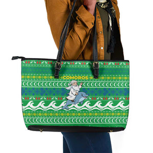Comoros Christmas Leather Tote Bag Santa Riding Dolphin Ocean Waves Crescent Moon - African Pride