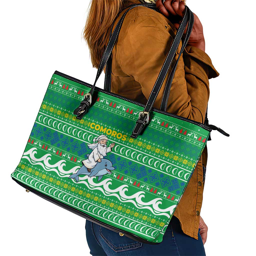 Comoros Christmas Leather Tote Bag Santa Riding Dolphin Ocean Waves Crescent Moon - African Pride