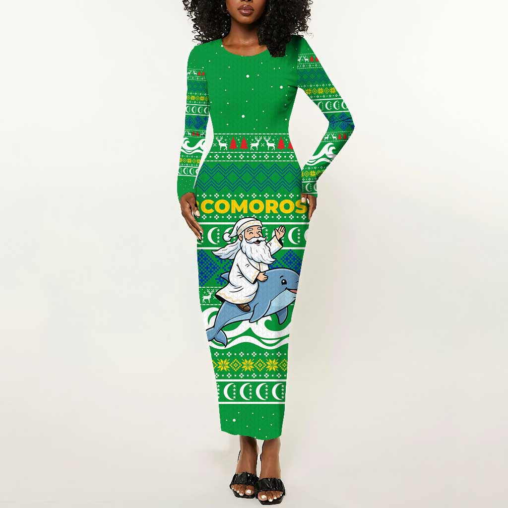 Comoros Christmas Long Sleeve Bodycon Dress Santa Riding Dolphin Ocean Waves Crescent Moon - African Pride