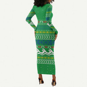 Comoros Christmas Long Sleeve Bodycon Dress Santa Riding Dolphin Ocean Waves Crescent Moon - African Pride