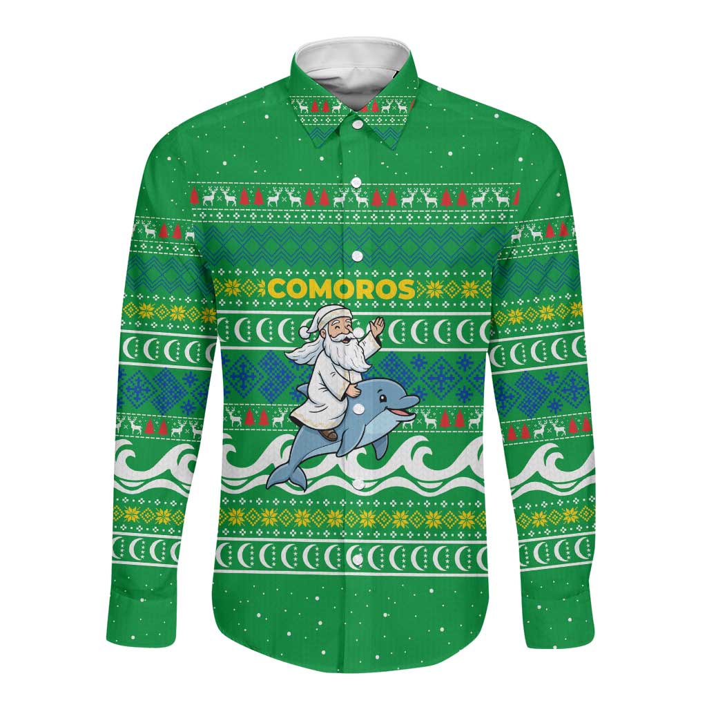 Comoros Christmas Long Sleeve Button Shirt Santa Riding Dolphin Ocean Waves Crescent Moon - African Pride