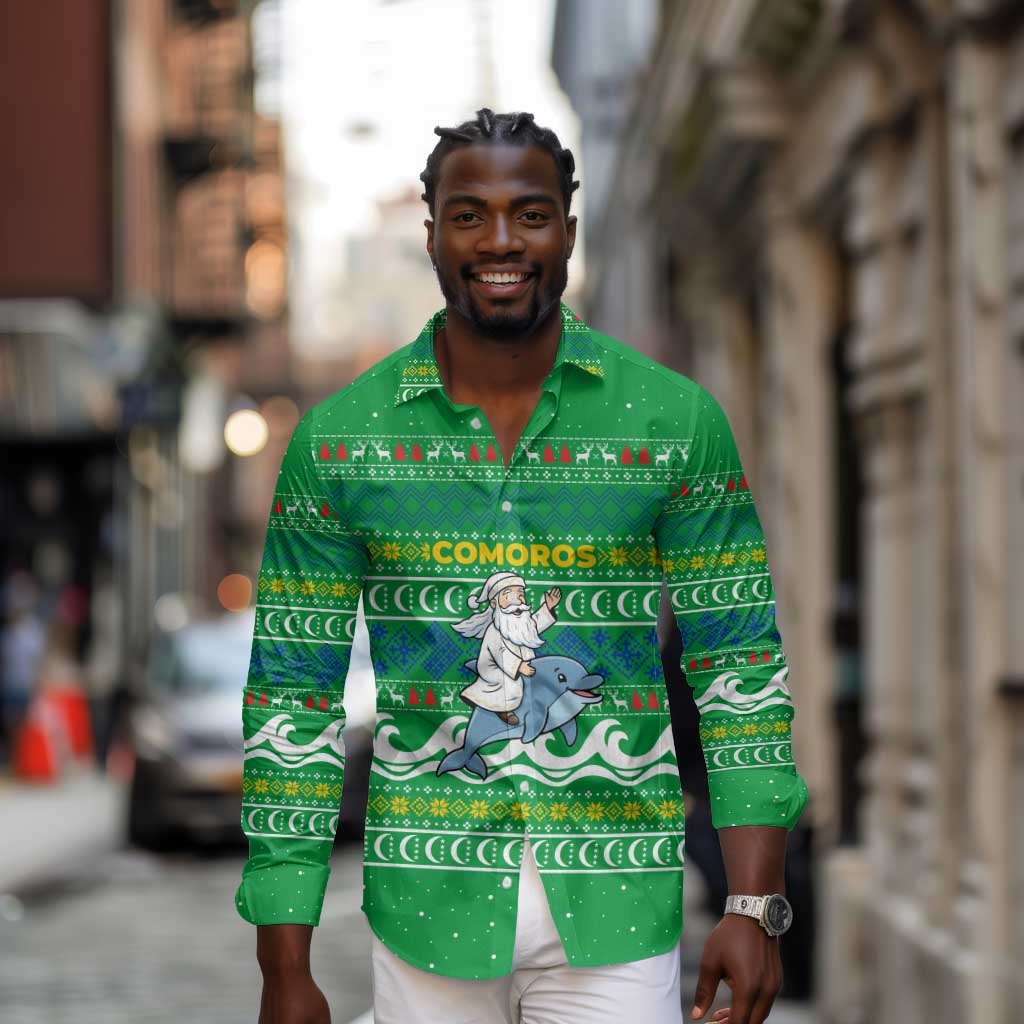 Comoros Christmas Long Sleeve Button Shirt Santa Riding Dolphin Ocean Waves Crescent Moon - African Pride