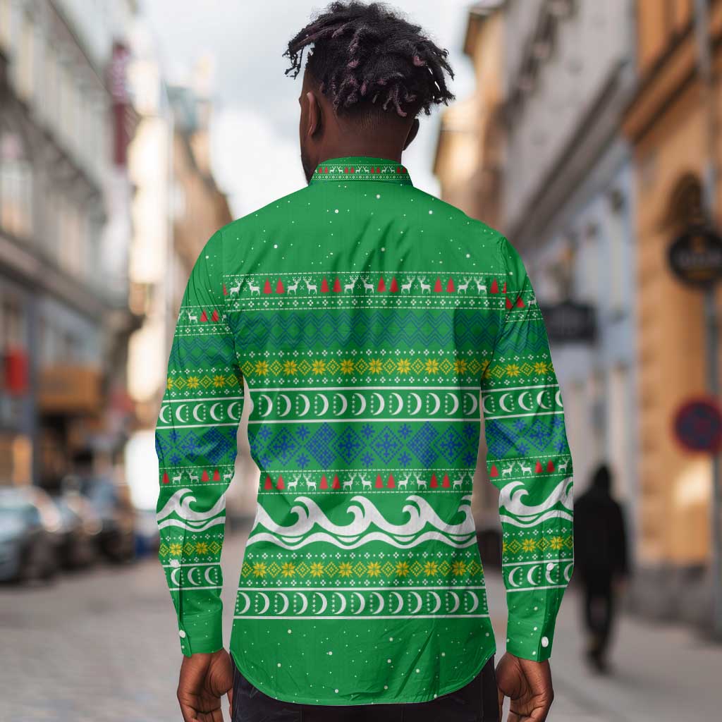 Comoros Christmas Long Sleeve Button Shirt Santa Riding Dolphin Ocean Waves Crescent Moon - African Pride