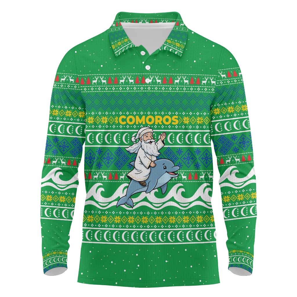 Comoros Christmas Long Sleeve Polo Shirt Santa Riding Dolphin Ocean Waves Crescent Moon - African Pride