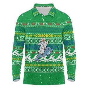 Comoros Christmas Long Sleeve Polo Shirt Santa Riding Dolphin Ocean Waves Crescent Moon - African Pride