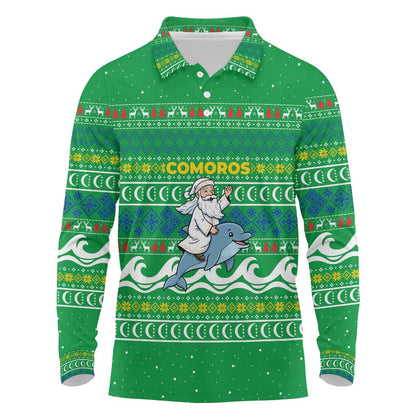 Comoros Christmas Long Sleeve Polo Shirt Santa Riding Dolphin Ocean Waves Crescent Moon - African Pride