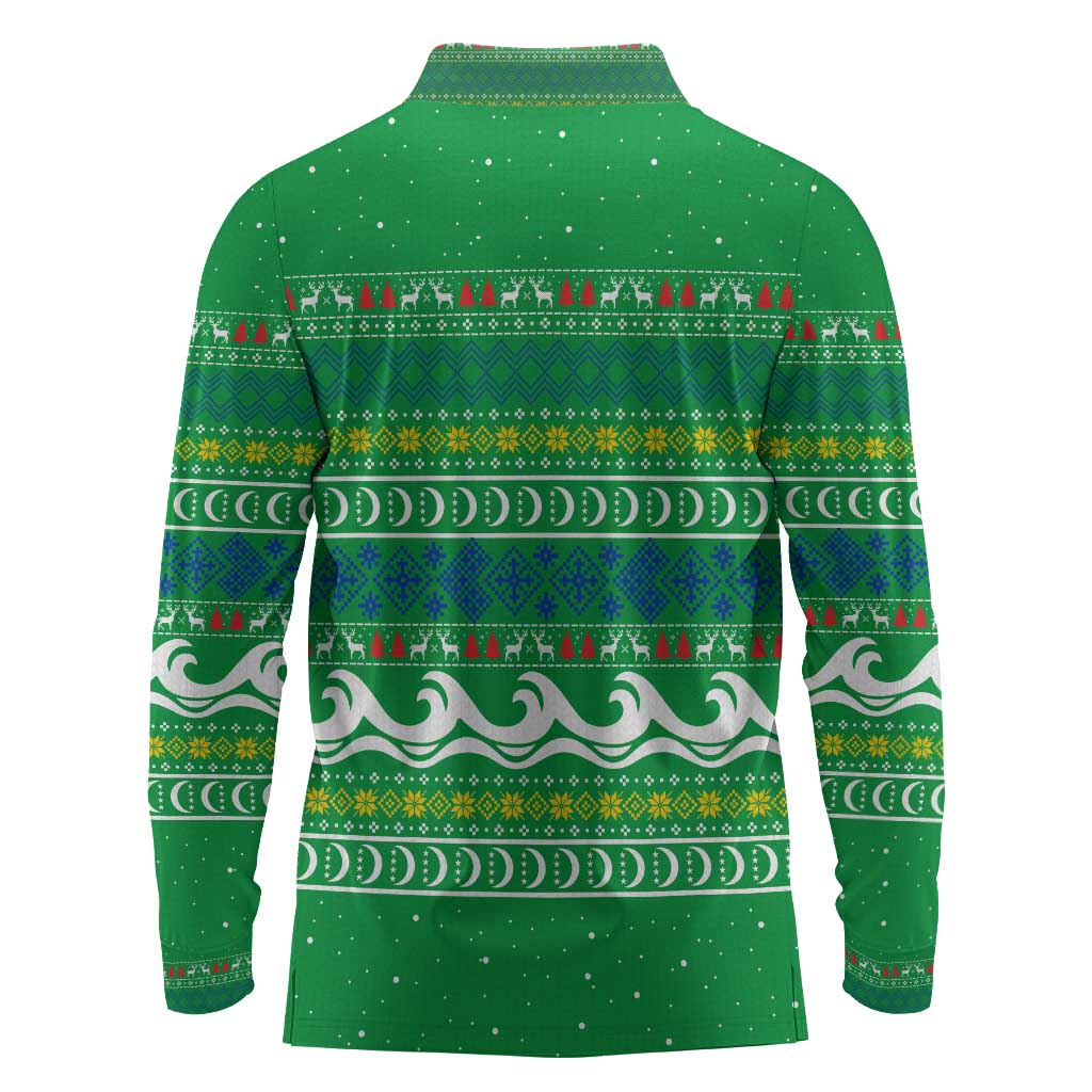Comoros Christmas Long Sleeve Polo Shirt Santa Riding Dolphin Ocean Waves Crescent Moon - African Pride