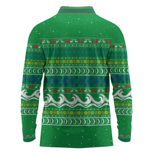 Comoros Christmas Long Sleeve Polo Shirt Santa Riding Dolphin Ocean Waves Crescent Moon - African Pride