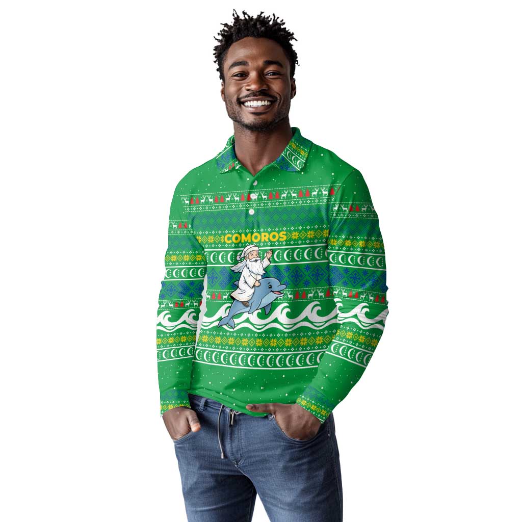 Comoros Christmas Long Sleeve Polo Shirt Santa Riding Dolphin Ocean Waves Crescent Moon - African Pride