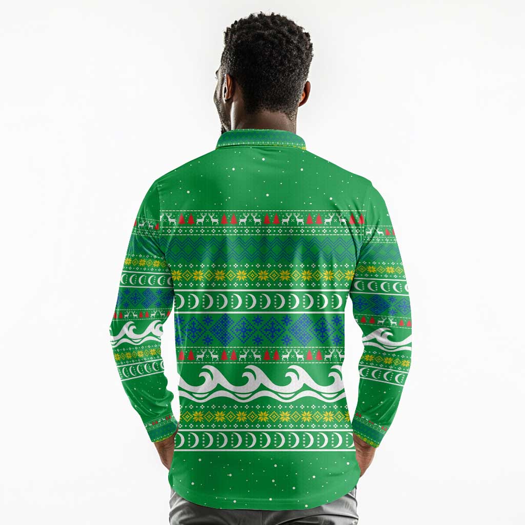 Comoros Christmas Long Sleeve Polo Shirt Santa Riding Dolphin Ocean Waves Crescent Moon - African Pride
