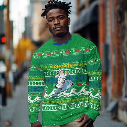 Comoros Christmas Long Sleeve Shirt Santa Riding Dolphin Ocean Waves Crescent Moon - African Pride
