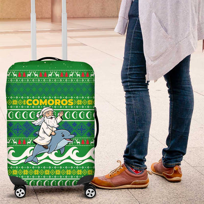 Comoros Christmas Luggage Cover Santa Riding Dolphin Ocean Waves Crescent Moon - African Pride