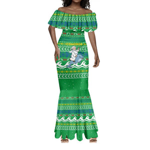 Comoros Christmas Mermaid Dress Santa Riding Dolphin Ocean Waves Crescent Moon - African Pride