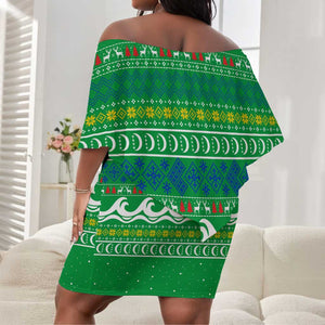Comoros Christmas Off Shoulder Short Dress Santa Riding Dolphin Ocean Waves Crescent Moon - African Pride