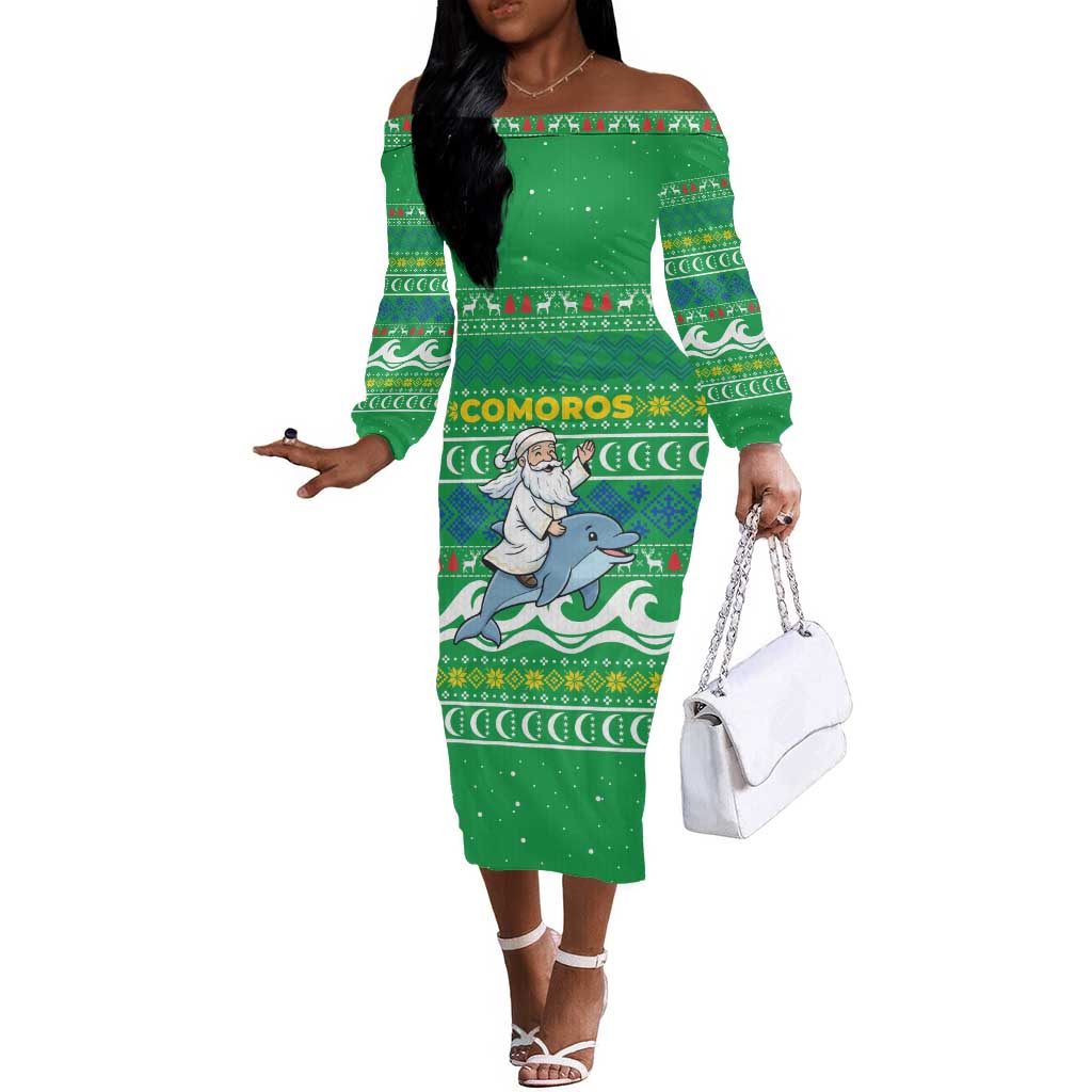 Comoros Christmas Off The Shoulder Long Sleeve Dress Santa Riding Dolphin Ocean Waves Crescent Moon - African Pride