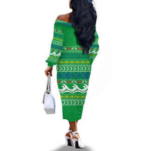 Comoros Christmas Off The Shoulder Long Sleeve Dress Santa Riding Dolphin Ocean Waves Crescent Moon - African Pride