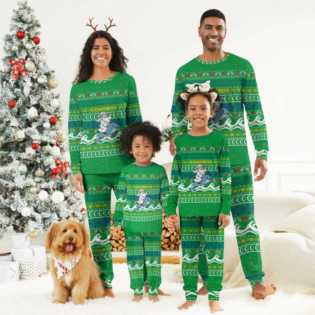 Comoros Christmas Pajama Set Santa Riding Dolphin Ocean Waves Crescent Moon - African Pride