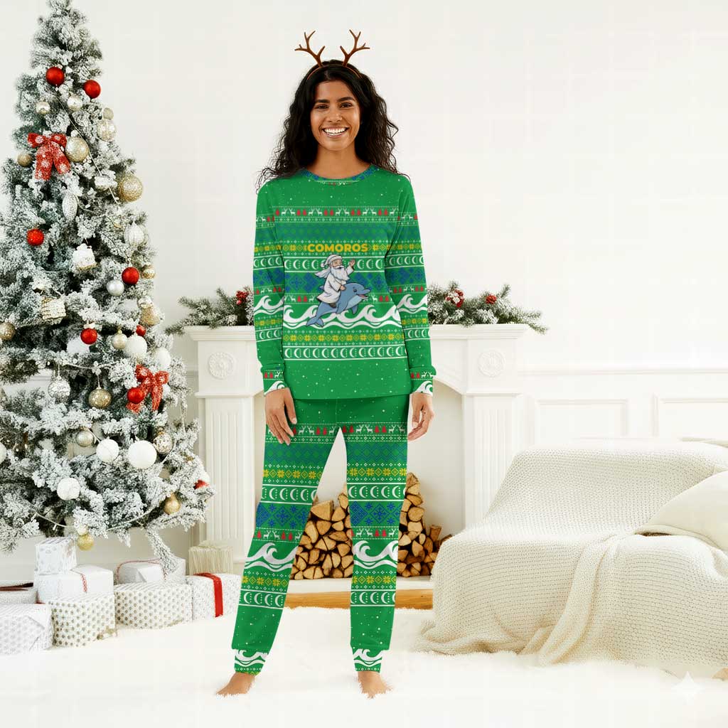 Comoros Christmas Pajama Set Santa Riding Dolphin Ocean Waves Crescent Moon - African Pride