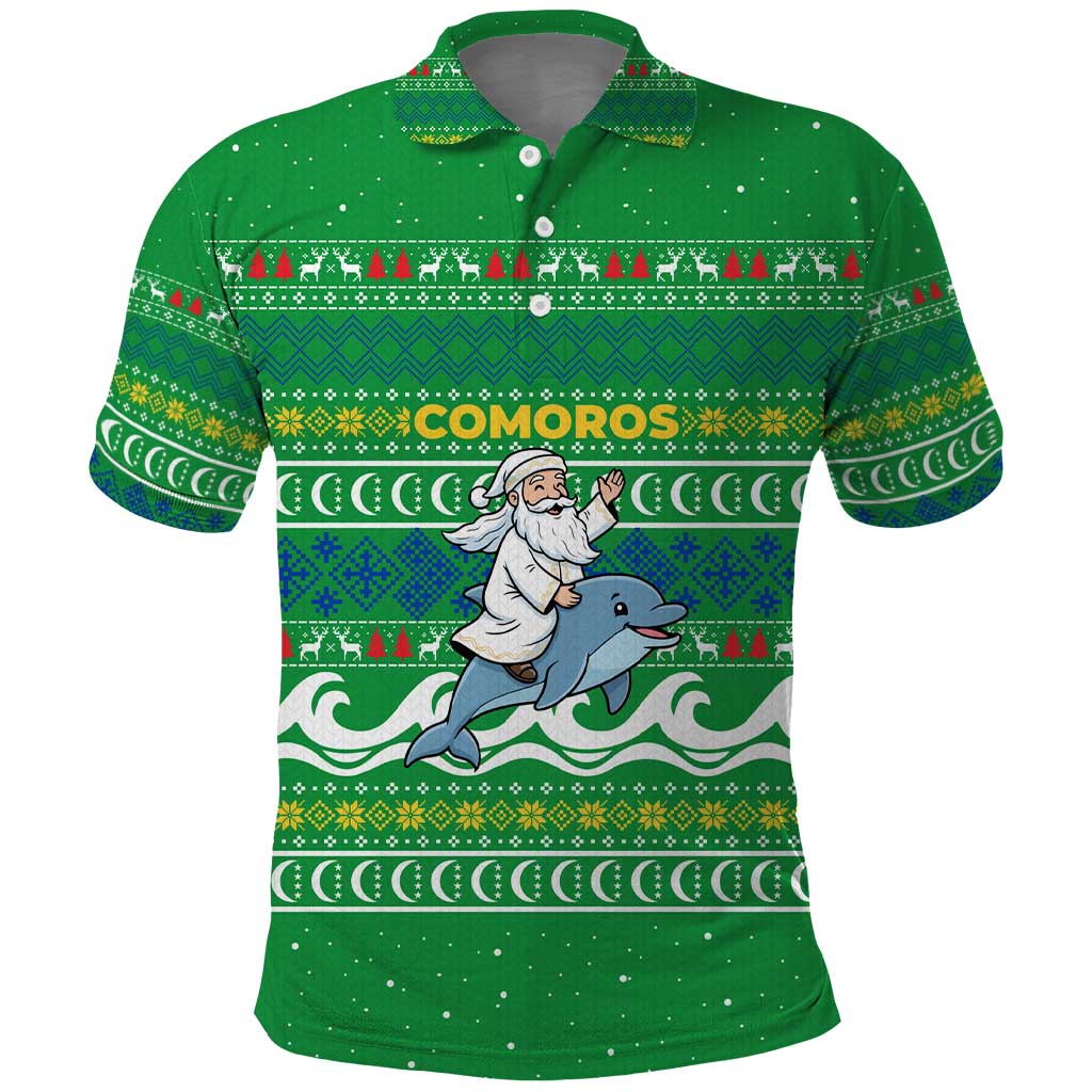 Comoros Christmas Polo Shirt Santa Riding Dolphin Ocean Waves Crescent Moon - African Pride