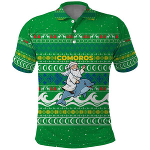 Comoros Christmas Polo Shirt Santa Riding Dolphin Ocean Waves Crescent Moon - African Pride