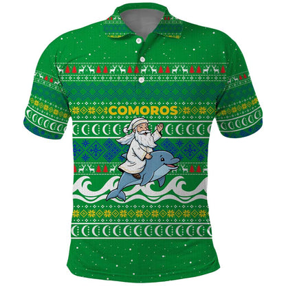 Comoros Christmas Polo Shirt Santa Riding Dolphin Ocean Waves Crescent Moon - African Pride