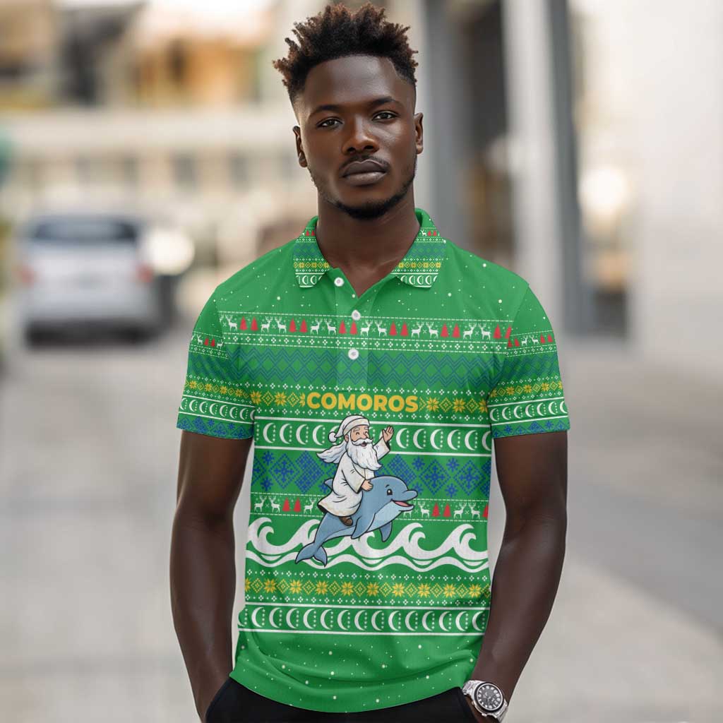 Comoros Christmas Polo Shirt Santa Riding Dolphin Ocean Waves Crescent Moon - African Pride
