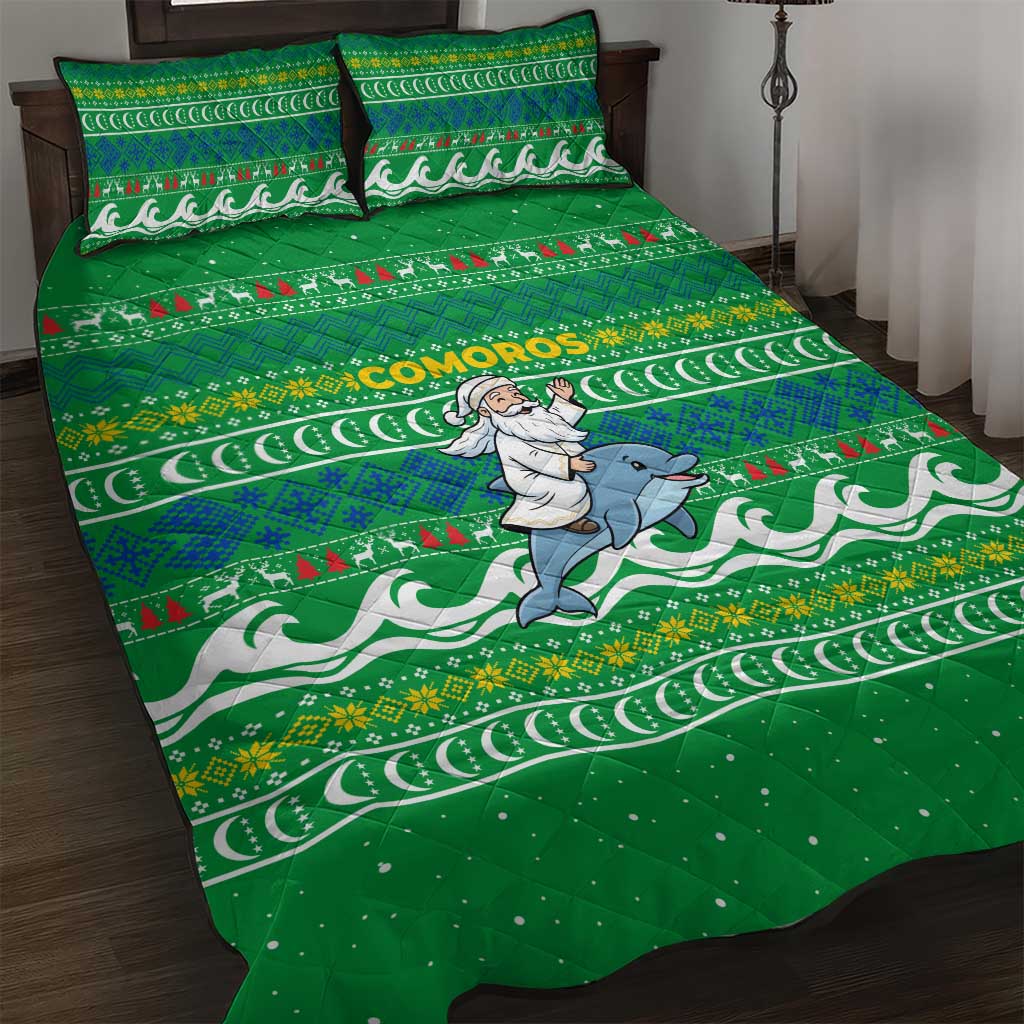 Comoros Christmas Quilt Bed Set Santa Riding Dolphin Ocean Waves Crescent Moon - African Pride