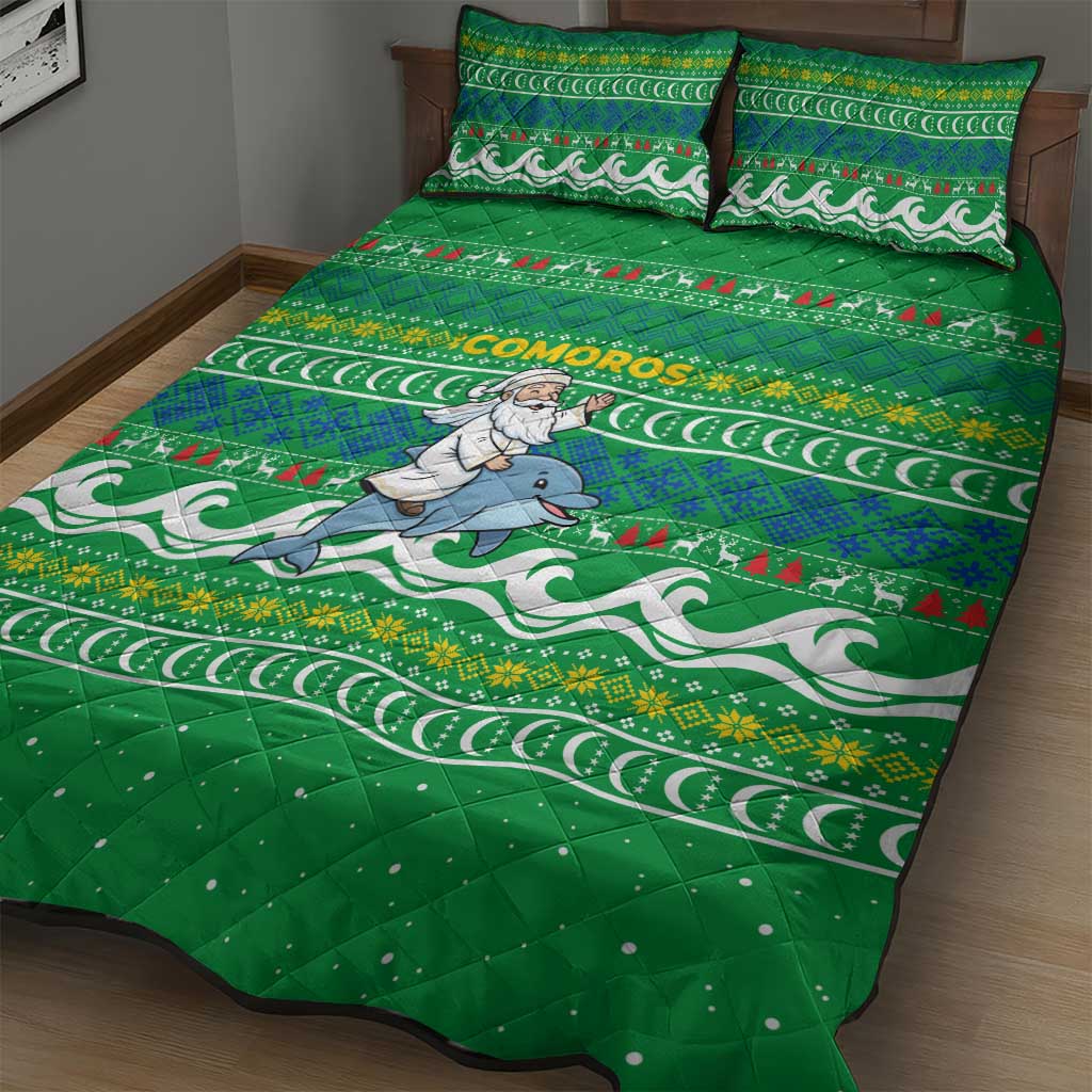 Comoros Christmas Quilt Bed Set Santa Riding Dolphin Ocean Waves Crescent Moon - African Pride