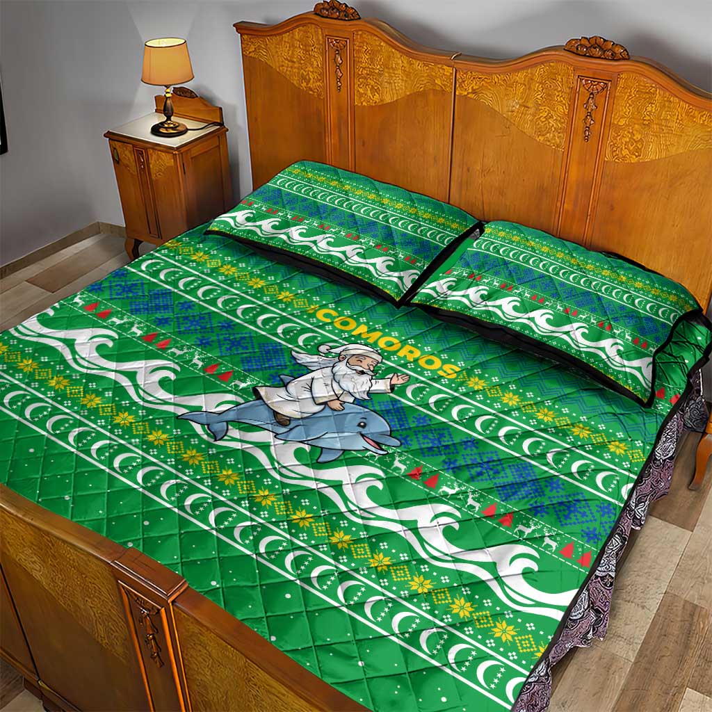Comoros Christmas Quilt Bed Set Santa Riding Dolphin Ocean Waves Crescent Moon - African Pride