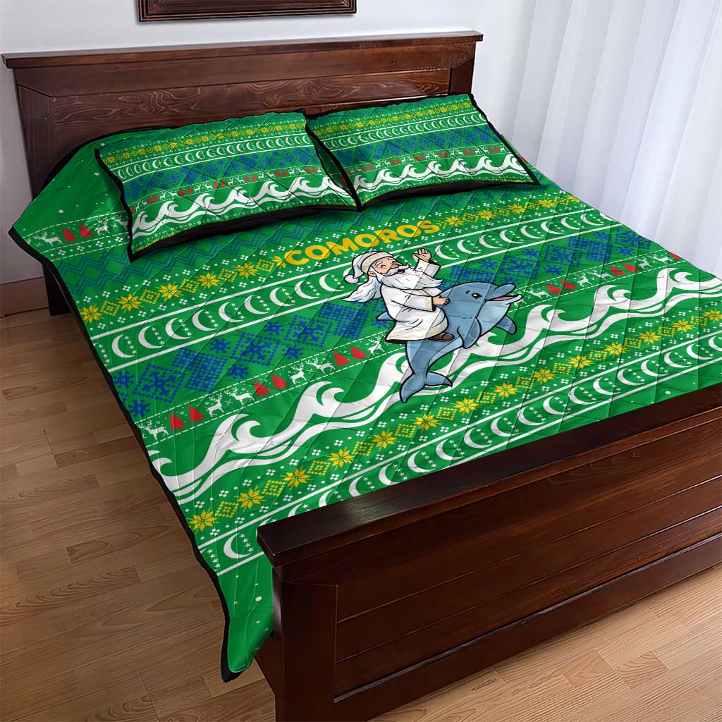 Comoros Christmas Quilt Bed Set Santa Riding Dolphin Ocean Waves Crescent Moon - African Pride